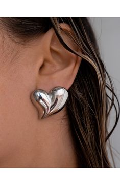 Smooth, fluid heart-shaped silhouettes give an organic-inspired look to these bold drop earrings styled with post back closures. 1" diameter Post back Silvertone plate or goldtone plate Imported Personalised Jewellery Necklaces, Sensitive Ears Earrings, Statement Stud Earrings, Luv Aj, Ear Earrings, Diamond Shop, Silver Drop Earrings, Keep Jewelry, Jewelry Case