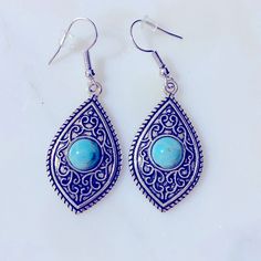 New With Tags. Silver Tone Metal And Faux Turquoise Stones. Blue Bohemian Teardrop Earrings Nickel Free, Sea Earrings, Large Statement Earrings, Enamel Stud Earrings, Gold Elephant, Gem Earrings, Mother Of Pearl Earrings, Turquoise Boho, Teardrop Dangle Earrings