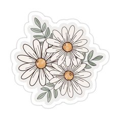 three white daisies with green leaves sticker on a white background stock photo - budget conscious