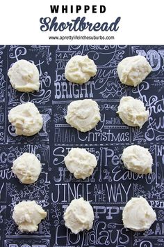 twelve cookies are arranged on a chalkboard with white writing and black paper in the background