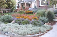 a flower garden in front of a house