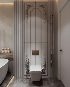 a white toilet sitting next to a bath tub in a bathroom under a light fixture