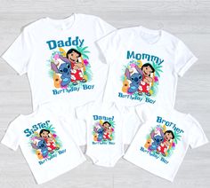 three t - shirts that say daddy, mommy, and baby boy with cartoon characters on them