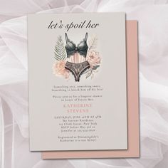 Celebrate the bride-to-be with a chic and elegant lingerie shower! This luxurious invitation features a watercolor illustration of a delicate underwear set with floral and foliage accents, in a soft vintage coral pink and dark green color scheme. The title "Let's Spoil Her" is written in elegant calligraphy, setting the tone for a night of fun, laughter, and lingerie, with a "Something sexy, something sweet" theme. Lingerie Party Decorations, Luxurious Invitation, Bridal Lingerie Shower, Unique Bridal Shower Invites, Lingerie Shower Invitations, Pink Floral Bridal Shower, Pink Bridal Shower Invitations, Garden Bridal Showers, Bridal Brunch Invitations