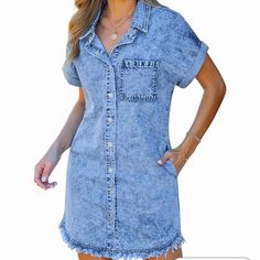 Luvamia Denim Dress, Size Large! New With Tags!!!' Raw Hem And 3 Pockets! Buttons Down And Is Easily Adjustable To Your Own Style! Made From High-Quality, Durable Denim. Wear It With A Belt And/Or Boots, Or Wear It With Sandals! Approximate Measurements Are As Follows: Bust: 38.5"-40" Waist: 30.5"-32" Hips: 41"-42.5" *Because It Is Designed To Fit Loosely, This Dress Will Fit A Large As Well As An Extra Large. Cardigan Dress, Cardigan Design, Jean Shirt, Summer Denim, Blouse Short Sleeve, Short Sleeve Cardigan, Shirt Dresses, Denim Details, Sleeve Cardigan