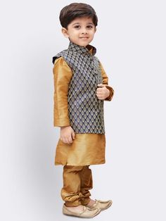 JBN CREATION Boys' Gold Silk Cotton Blend Kurta, Waistcoat and Pyjama Set Dress your little man in style with this elegant kurta set. The gold silk cotton blend fabric is soft and comfortable, perfect for special occasions. Features: Golden kurta, waistcoat, and pyjama set Mandarin collar for a classic look Full sleeves for added warmth Comfortable elasticated pyjama waistband Specifications Material: Silk Blend Sleeve Length: Long Sleeves Sleeve Length - Long Sleeves Top Shape - Straight Top He Kurta Set With Jacket, Stylish Kurta, Cotton Art, Maha Shivratri, Ethnic Dresses, Boys Kurta, Kurta Pyjama, Nehru Jacket, Nehru Jackets