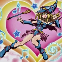 a cartoon character flying through the air with musical notes in her hair and holding a wand