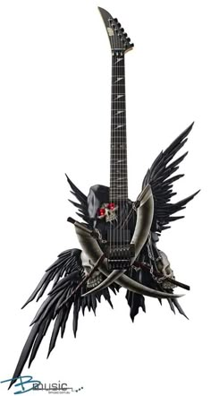 a guitar with black wings and red eyes