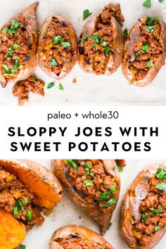 sloppy joe's with sweet potatoes on a white plate and in the background, there is a collage of images