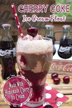 cherry coke ice cream float with homemade cherry ice cream and cherries in the background