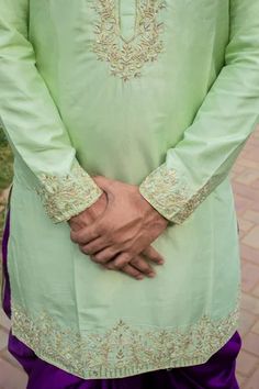 Light green dupion silk kurta featuring zardozi work with embroidered borders and side slits. Paired with contrast dhoti pants for a complete look., Fit: Relaxed Silk Kurta Set, Design Kurta, Zardozi Work, Dhoti Pants, Men Kurta, Boys Kurta, Silk Kurta, Mens Ethnic Wear, Dupion Silk