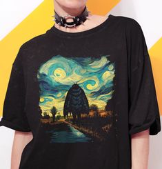 This beautiful Starry Night Mothman t-shirt is soon to become your new favorite! Perfect for anyone interested in cryptids and Mothman lore. Get the art print here! https://www.etsy.com/listing/1348734533  Want a different design or color? Just let us know and we'll make it happen!  FIT & SIZING: * These soft and lightweight Bella-Canvas unisex t-shirts have just the right amount of stretch, and are made in the USA. * Tees are comfortable and flattering for both men and women. * Please see the size chart in the photos to obtain an accurate size. Measure one of your favorite tees for comparison! * Ladies: These tees are unisex sizes. Your normal size will fit a bit loosely. For a snug fit, order one size down from your normal size. For an oversized fit, size up.  * Though rolled up in some Horror Graphic Print Short Sleeve Shirt, Mothman Shirt, Cryptid Shirt, Cryptidcore Fashion, Supernatural Shirt, Usa Tee, Night Style, Monster Mash, Fashion Night