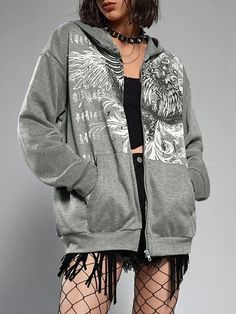 Eagle Print Zip Up Oversized Hoodie Oversized Hip Hop Hooded Jacket With Long Sleeves, Grunge Gray Sweatshirt For Fall, Fall Grunge Gray Sweatshirt, Oversized Hooded Hip Hop Outerwear, Gray Hooded Outerwear With Graphic Print, Oversized Hooded Jacket For Streetwear, Oversized Grunge Outerwear With Graphic Print, Gray Grunge Hoodie For Fall, Grunge Gray Hoodie For Fall