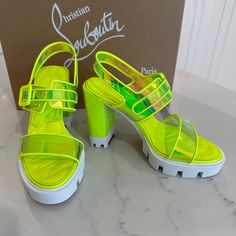 Brand New In Box. 100% Authentic Christian Louboutin Loubi Duniss Lug 100 Size 36.5 Color Fluo Yellow Taking Neon Hues To New Heights, Christian Louboutin Adopts A Party-Girl Aesthetic With Its Glamourous Assistant: The Loubi Duniss Sandals. Perfect For Those Who Find Conformity Underwhelming, This Dazzling Pair Will Be Your New Best Friend, Promising You Fun, Comfort And An '80s-Informed Aesthetic From Morning To Night. Details Heel Height: 10cm (3.93701”) Buckle Fastening Block Heel Made In It Designer Green Block Heels, Luxury Yellow Block Heel Heels, Designer Green Platform Heels, Luxury Yellow Heels With Padded Heel, Designer Yellow Heels With Branded Insole, Designer Yellow Heels, Colored Sandals, New Best Friend, Party Girl