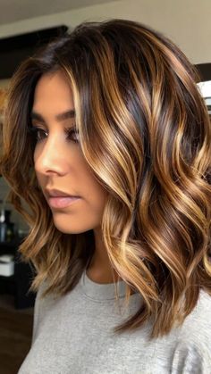 Fashion: #fashion, #style, #outfitinspiration, #beauty Dark Brown Hair With Amber Highlights, Cinnamon Balayage Dark Brown, Dark Brown Curly Hair Balayage, Balayage Brown Hair, Brown Hair Highlights, Celebrities Hairstyles, Dark Brown Balayage, Balayage Brown, Balayage Ideas