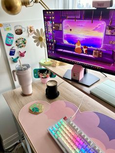 a computer desk with a keyboard and mouse on it