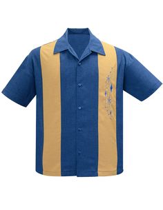 This Mid-Century inspired shirt is Marvel-ous! With contrast panels and a retro geometric embroidery, your style is bound to inspire in this embroidered bowling shirt. COLOR:Blue body with mustard panel and matching blue embroidery. MATERIAL: 100% PolyesterMachine WashableMade in the USA Please allow 3 to 5 business days for Monogram and/or Specialty Buttons.For shirts that already have novelty buttons, Steady will keep the original buttons when replacing them with the button pack of choice. Midcentury Modern Shirts, Novelty Buttons, Geometric Embroidery, Bowling Shirt, Retro Geometric, Blue Embroidery, Bowling Shirts, Mens Button Up, Knitted Tshirt