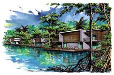 an artist's rendering of some houses on the water