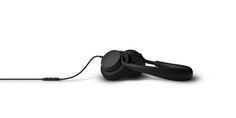 a pair of black headphones connected to a cord on a white background with room for text