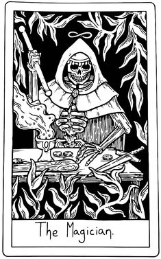 a black and white drawing of a skeleton in the middle of a tarot card