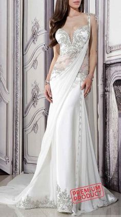 Elegant Wedding Evening Dress With Zari Work, Elegant Wedding Dress With Traditional Drape, White Silk Evening Dress With Sweep Train, Elegant White Pre-draped Saree For Wedding, White Floor-length Gown For Reception, Elegant White Gown For Reception, Elegant White Gown With Traditional Drape, Elegant White Pre-draped Saree With Intricate Embroidery, White Floor-length Evening Dress For Reception