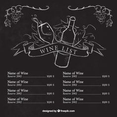 a wine list with two bottles and some grapes on the vine, in front of a black background