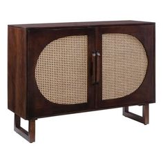 a wooden cabinet with wicker doors on the front and side panels, one door open