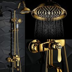 an image of a shower head and handset with gold fixtures in the dark room