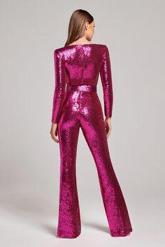 Marissa Sequin Jumpsuit Cardigan Rosa, Embellished Jumpsuit, Hot Pink Roses, Embellished Belt, Flare Jumpsuit, Sequin Jumpsuit, Pink Jumpsuit, Stylish Party, Beautiful Figure