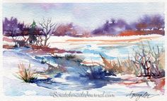 watercolor painting of snowy landscape with trees