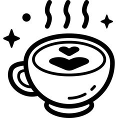 a coffee cup with steam coming out of the top and stars around it, on a white background