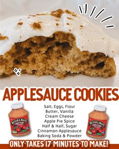 an advertisement for applesauce cookies with cinnamon and cream toppings on the side