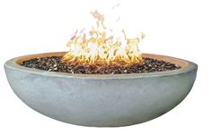 an outdoor fire pit with rocks and gravel around it, on a white background the bowl is made out of concrete