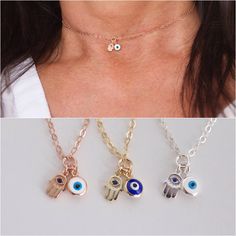 "Tiny hamsa and evil eye necklace DE T A I L S ✦available in silver, gold and rose gold with blue eye or white eye ✦evil eye charms are reversible ✦eye size: 5mm ✦hamsa hand: 5x7mm charm features a tiny blue cz stone L E N G T H L E N G T H ✦ All items are made to order, so please take a moment to make sure you are ordering the correct size. ✦ choose the length you need from the drop down menu model is wearing 14\" length M A T E R I A L ✦ silver: all components are 925 solid sterling silver. ✦g Evil Eye Choker Necklace As Gift, Evil Eye Choker Necklace For Gift, Dainty Evil Eye Jewelry For Good Luck, Dainty Evil Eye Charm Necklace Gift, Silver Charm Necklace With Delicate Chain For Good Luck, Silver Charm Necklace With Evil Eye For Good Luck, Silver Evil Eye Charm Necklace For Good Luck, Adjustable Evil Eye Choker, Adjustable Evil Eye Choker Jewelry