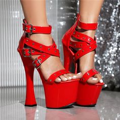 Shop Red Strappy Platform Block Heel Dress Sandals Buckle Rivet Party Sandals color Red for Dancing Club, Date, Going out, Night Club, Party with worldwide Free shipping & Free return. Dancing Club, Dance Club, Platform Block Heels, Club Party, Dress Sandals, Shoe Size Chart, Dress And Heels, Night Club, Block Heels