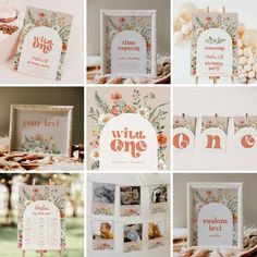 the wedding stationery is decorated with flowers and photos