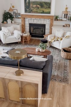 a living room filled with furniture and a fire place in the middle of the room