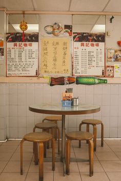 a table with three stools in front of it and two menus on the wall