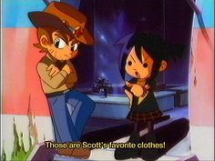 an animated image of two people standing next to each other with the caption, those are scott's favorite clothes