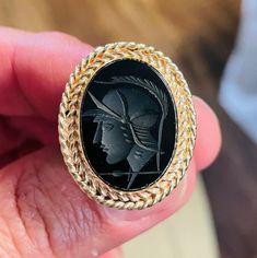 14k Gold Intaglio Ring Roman Soldier Black Onyx Sz 4.5 Vintage #Unbranded #Cocktail Black Cabochon Signet Ring For Formal Occasions, Formal Black Cabochon Signet Ring, Black Round Cameo Jewelry, Antique Black Cabochon Rings, Vintage Black Cameo Ring, Black Cameo Ring As Gift, Black Intaglio Jewelry As A Gift, Black Cameo Ring For Gift, Formal Black Cameo Jewelry