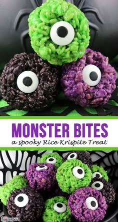 monster rice krispy treats with googly eyes on top and the words monster bites above them