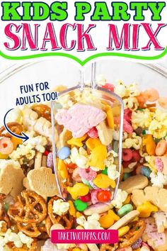 kids party snack mix in a glass bowl