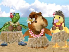 two hamsters dressed in grass hula skirts on the beach, one with a frog and turtle