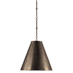 an industrial style pendant light hanging from a chain on a white wall with a black metal finish