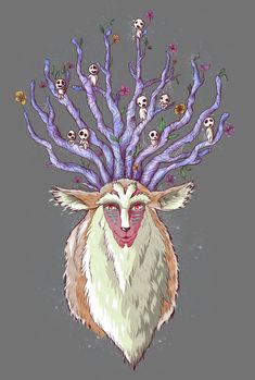 an animal with skulls on its head and flowers in it's hair is surrounded by branches