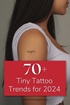 a woman's shoulder with the words 70 + tiny tattoo trend for 2014