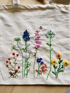 a white bag with embroidered flowers on it and a pair of scissors next to it