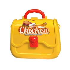 a yellow lunchbox with a red handle on it's side and the word chicken printed on the front