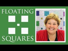 a woman smiling in front of a green background with the words floating squares