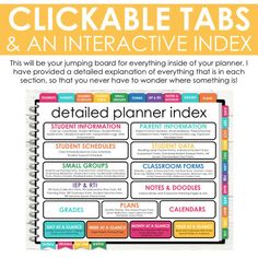 an interactive planner with the text, clickable tabs and an interactive index